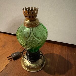 Vintage Green Glass Lamp with Brass Accents